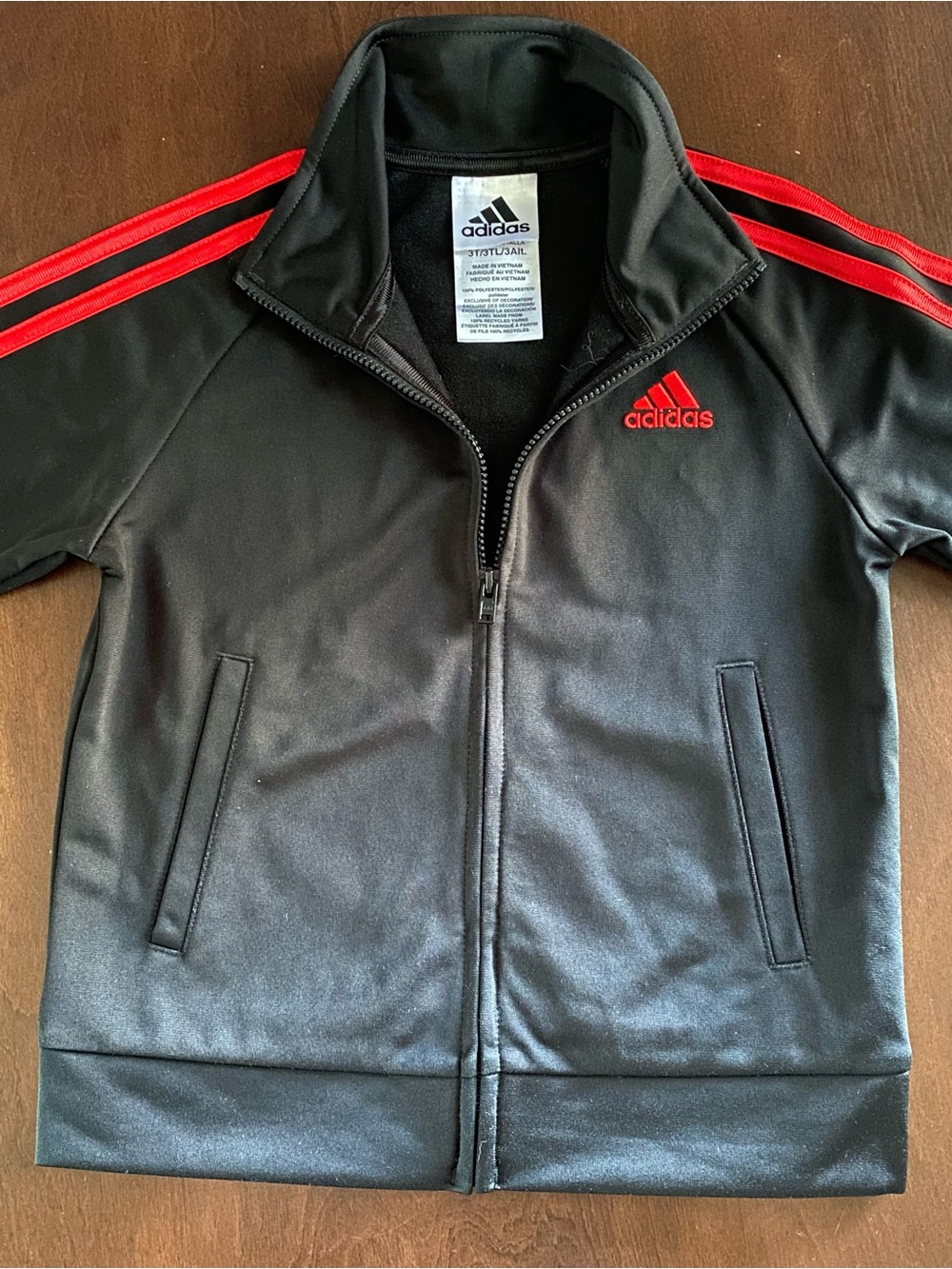 adidas Black Jacket with Red Stripes - Kids Full Zip with Pockets